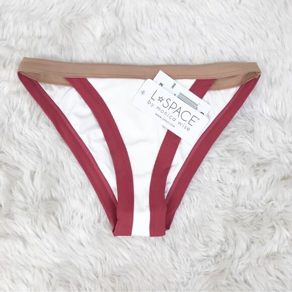 L*SPACE Vacay Ribbed Classic Bikini Bottoms Cream Colorblock Red Tan Size XS New - Picture 2 of 11